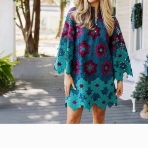 Teal and Purple Crochet Floral Dress